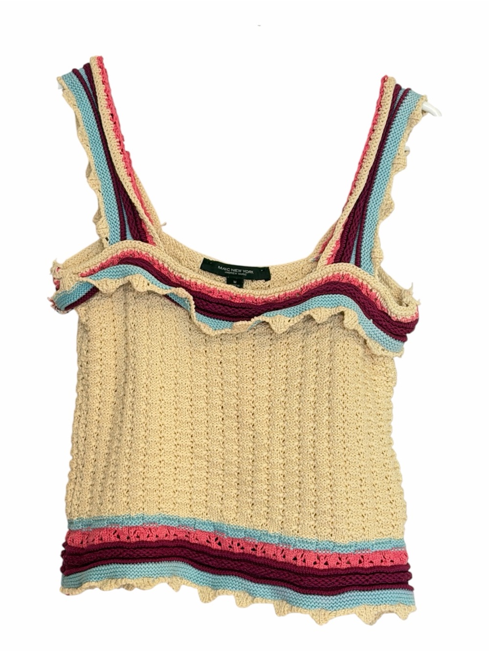 Marc New York Tank Cream with Multi Color Trim Knit Crochet Ruffle Boho Hippie